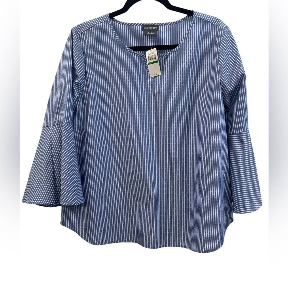 Van Heusen Blue White Striped  Bell Sleeve Blouse Women's Size L NWT